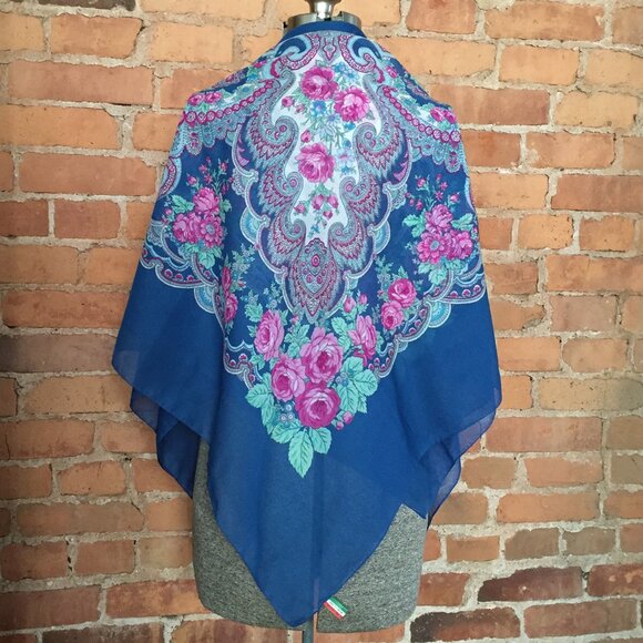 Vintage Italian Scarf | Blue Roses and Paisley Shawl | Made in Italy - Picture 5 of 7